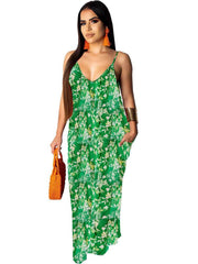 Spaghetti Strap V Neck Floral Print Maxi Dress With Pocket
