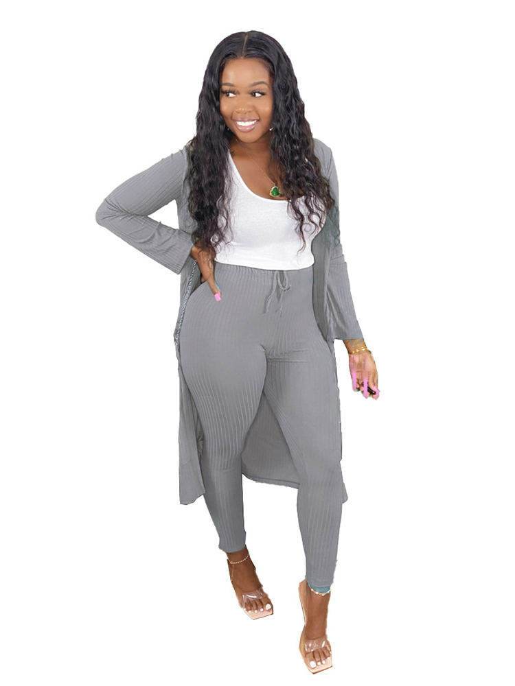 2 Piece Ribbed Long Sleeve Open Front Cardigans+Pants