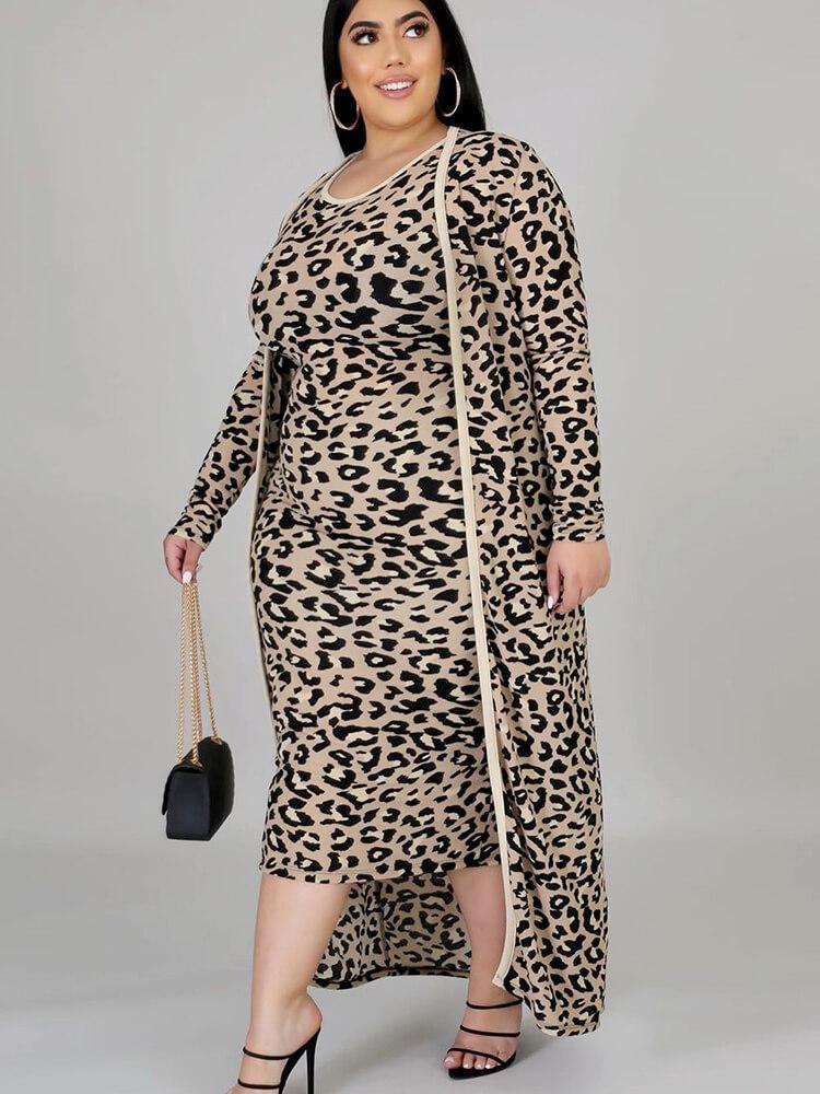 Plus Size  2 Piece Leopard Open Front Cardigan+Sleeveless Dresses