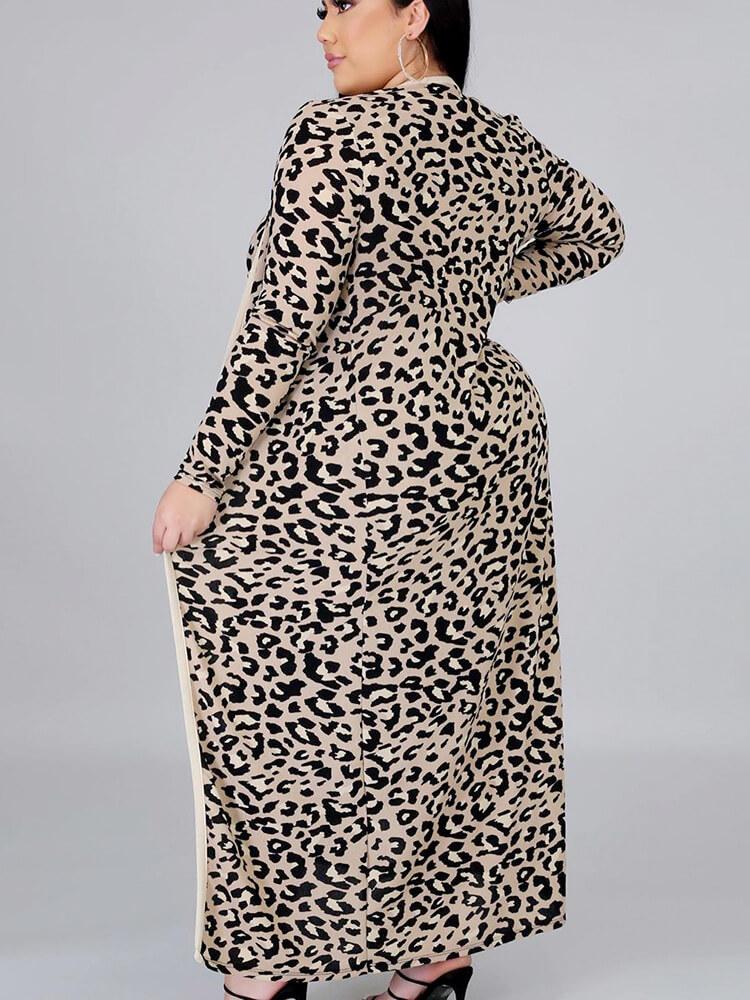 Plus Size  2 Piece Leopard Open Front Cardigan+Sleeveless Dresses