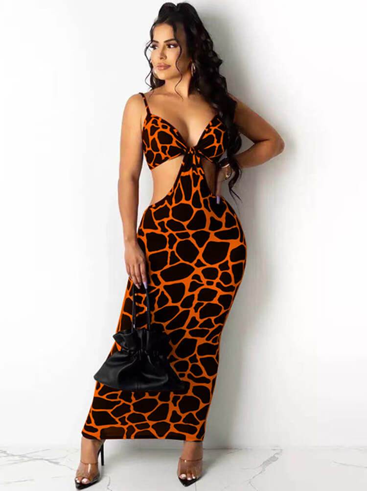 Spaghetti Strap Leopard Backless Bodycon Maxi Dress