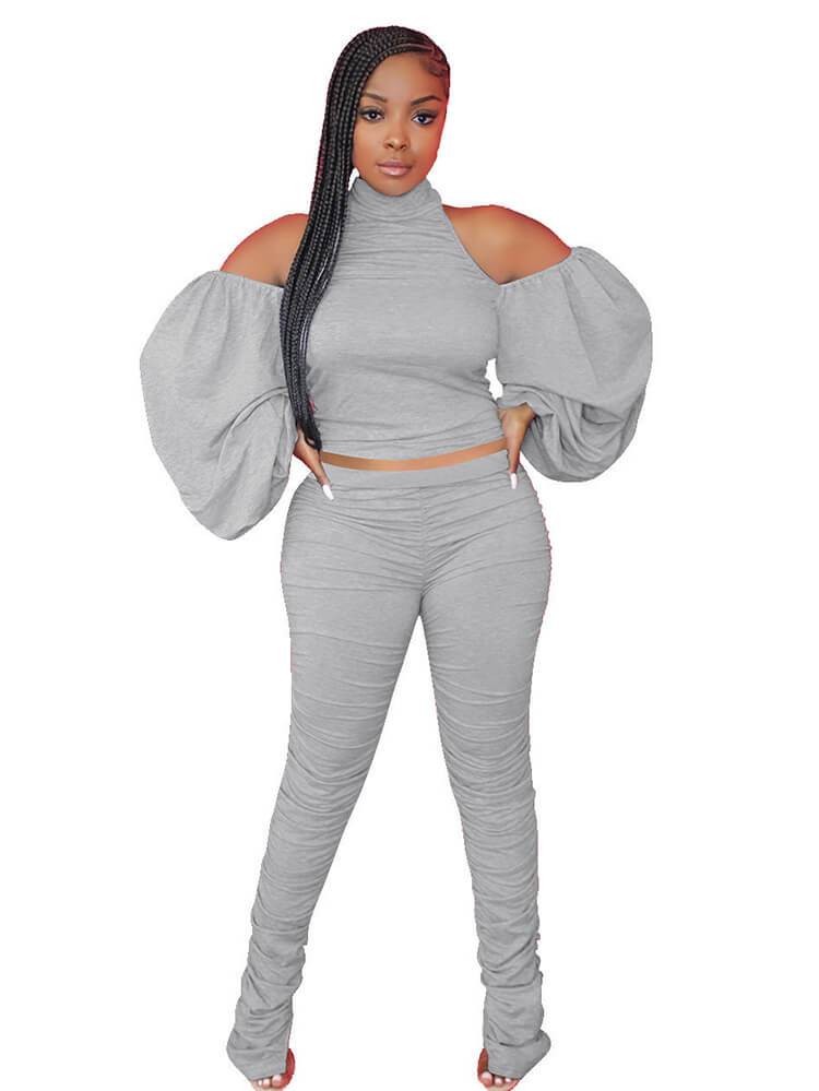 2 Piece Puff Long Sleeve Tops+Ruched Pants Sets