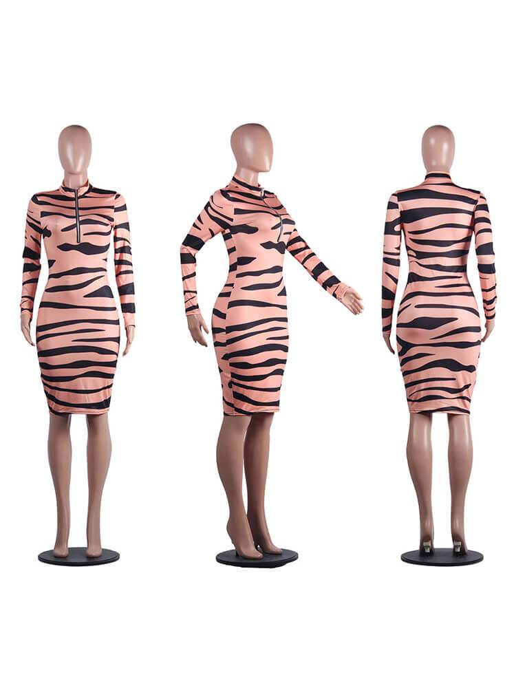 Zipper Long Sleeve Stripe Printed Bodycon Midi Dresses