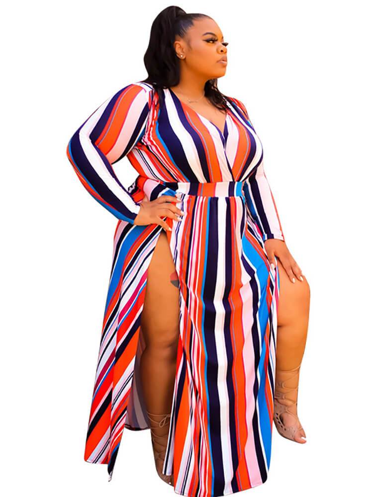 Plus Size Multicolored Stripe Long Sleeve Maxi Dresses