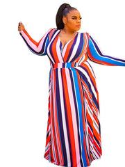 Plus Size Multicolored Stripe Long Sleeve Maxi Dresses