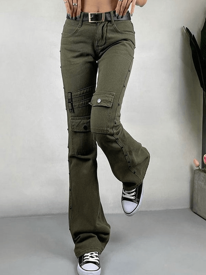 Metal Decor Washed Flare Jeans