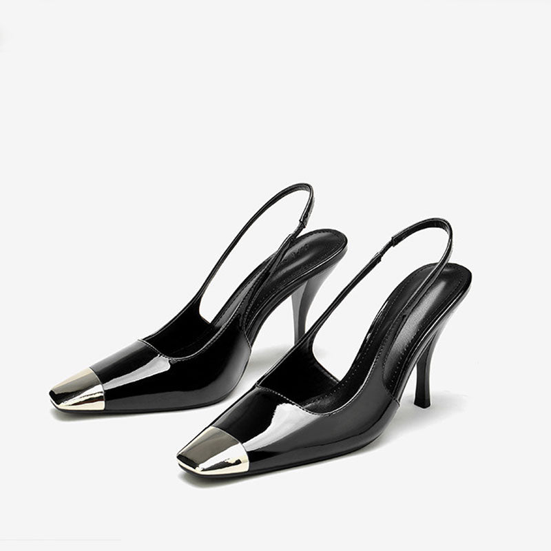 Metal Square Toe Patent Slingback High Heel Pumps - Black