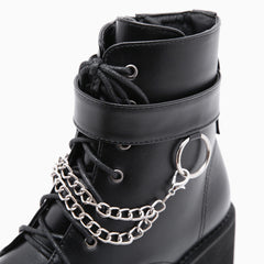 Chain-Link Strap Lace Up Chunky Heel Platform Boots - Black