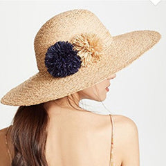 Boho Hat, Sun Beach Hat, Raffia  Fedora Hat, Navy Pom Pom