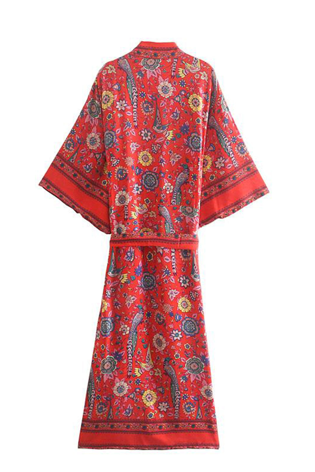 Boho Robe, Kimono Robe,  Beach Cover up, Red Peony Bird