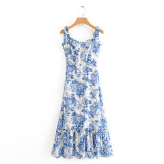 Boho Midi Dress, Strappy Sundress, Blue Rose
