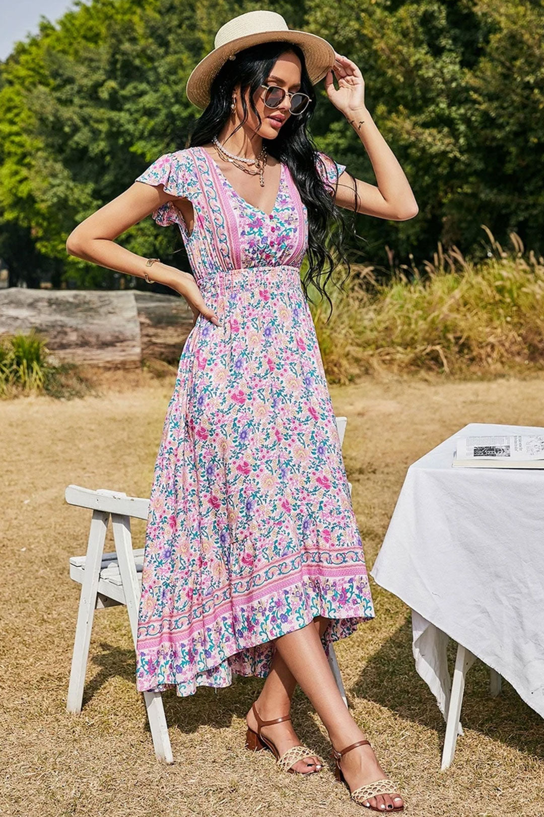 Boho Maxi Dress, Pink Wild Flower