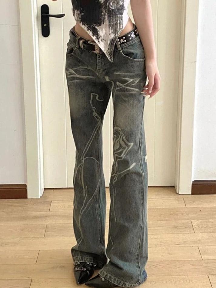 Washed Irregular Print Low Waist Flare Jeans