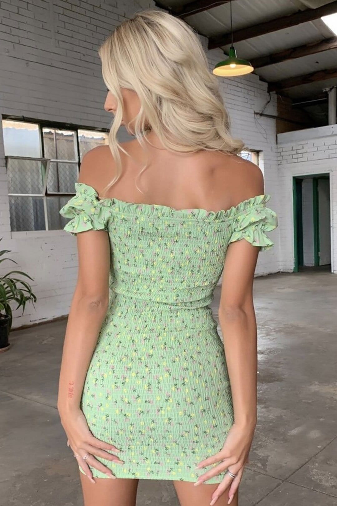 Boho Mini Dress Off  Shoulder Sundress, Pastel Green Flower Child