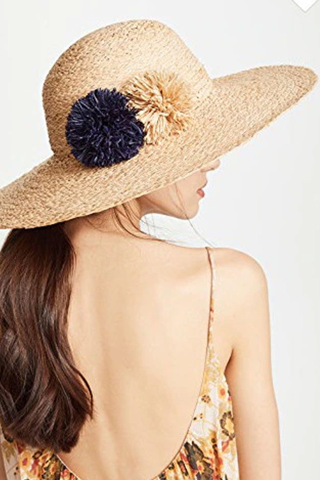 Boho Hat, Sun Beach Hat, Raffia  Fedora Hat, Navy Pom Pom