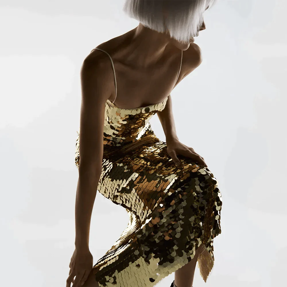 Golden Glow Sequin Midi Dress