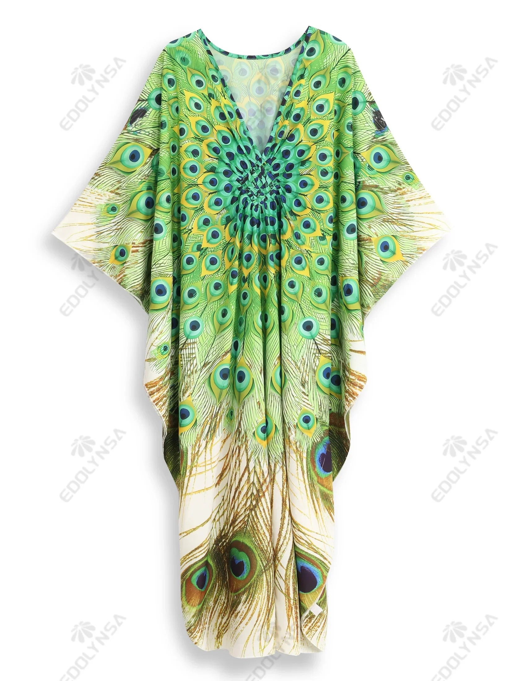 Boho Maxi Dress - Beach Dress, Kaftan Dress Vintage Embroidered in Danica Green Peacock