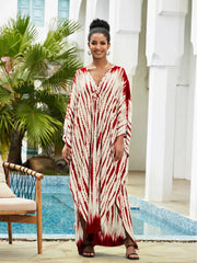 Boho Maxi Dress - Beach Dress, Kaftan Dress Vintage Embroidered in Danica Tie Dye Red