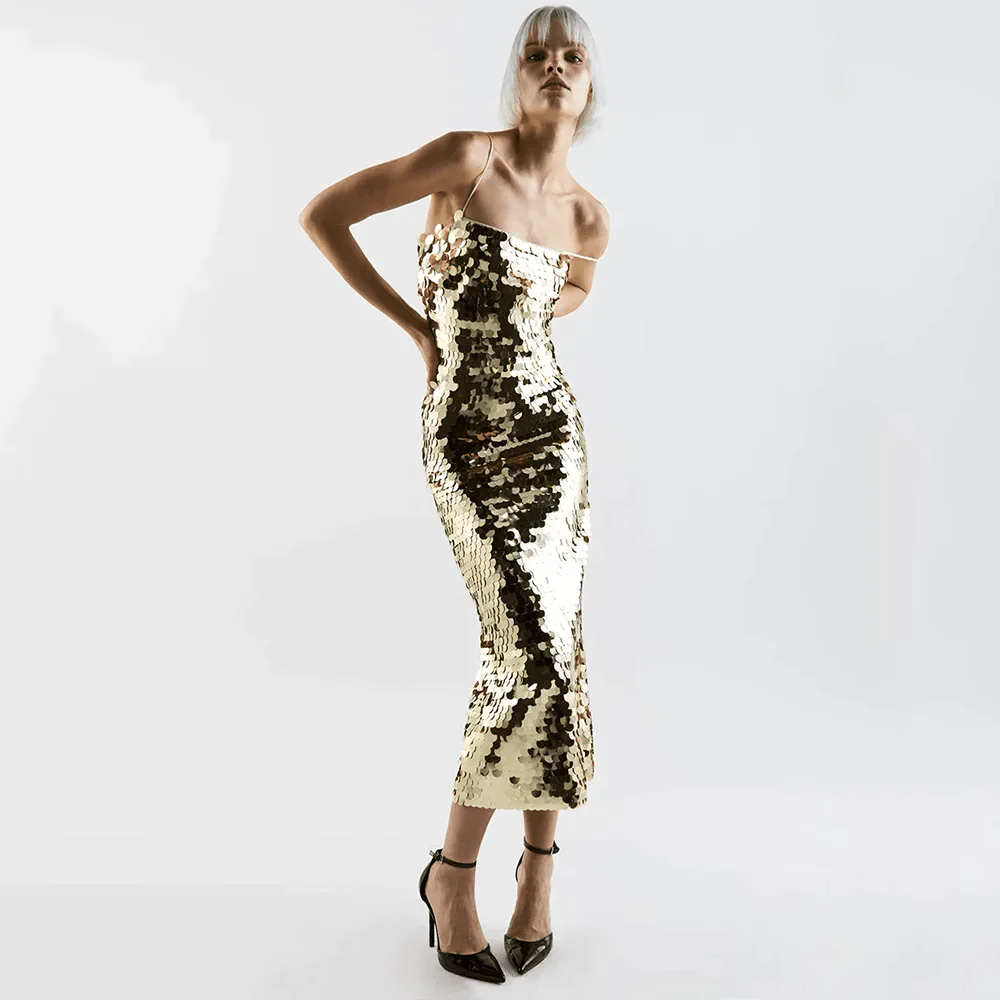 Golden Glow Sequin Midi Dress
