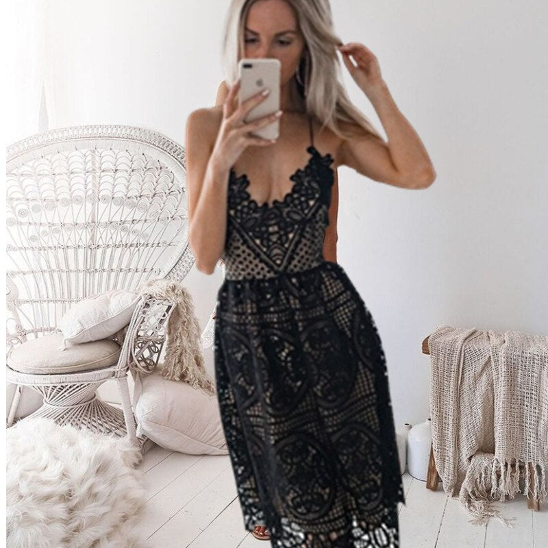 Boho Midi Dress, Sundress, Strapy Lace Chloe  in Black