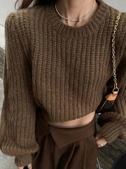 Solid Lantern Sleeve Short Knit Sweater