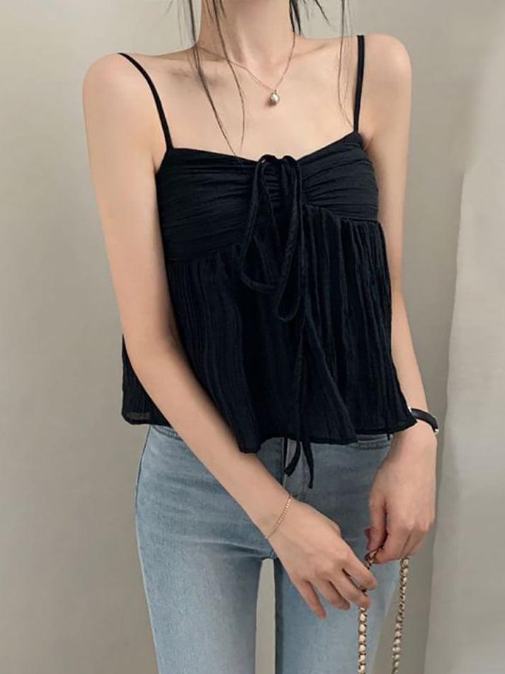 Tie-Front Ruched See-Through Mesh Crop Cami Top