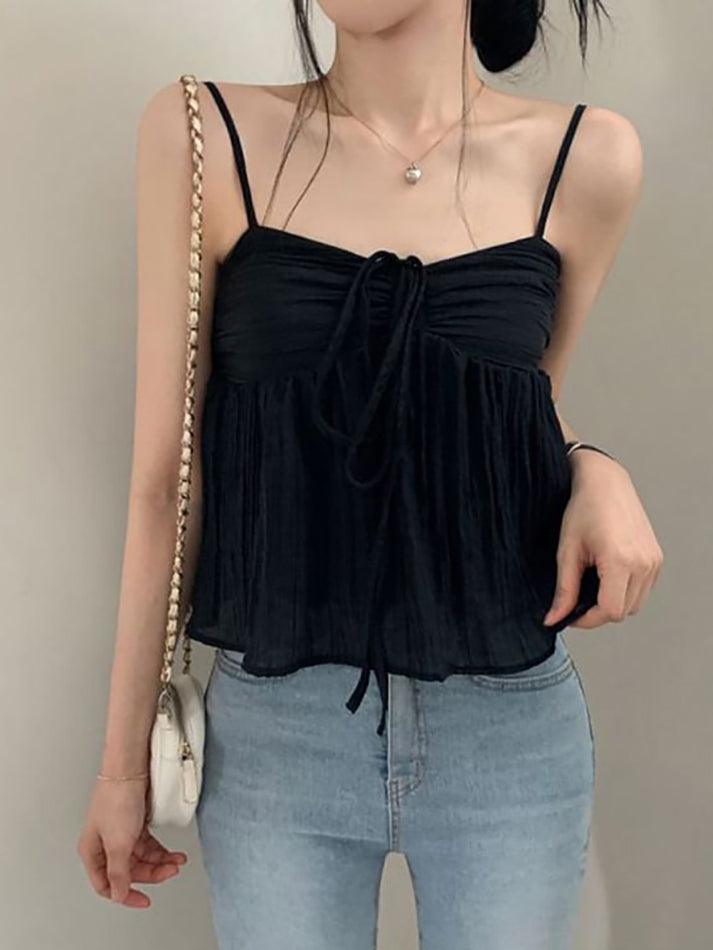Tie-Front Ruched See-Through Mesh Crop Cami Top