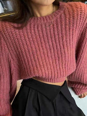Solid Lantern Sleeve Short Knit Sweater