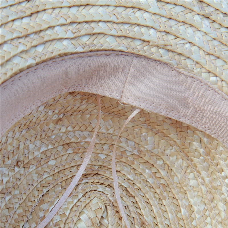 Boho Hat, Sun Beach Hat, Wide Brim Straw Hat 10 cm, Black, White, Orange Ribbon