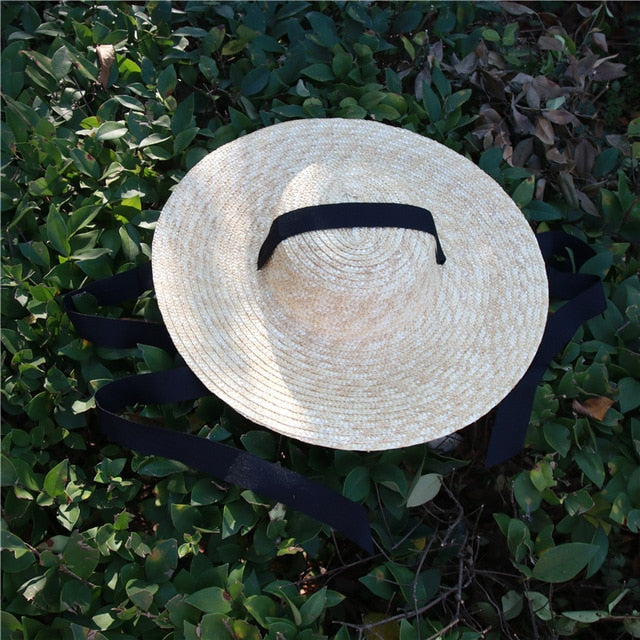 Boho Hat, Sun Beach Hat, Wide Brim Straw Hat 10 cm, Black, White, Orange Ribbon