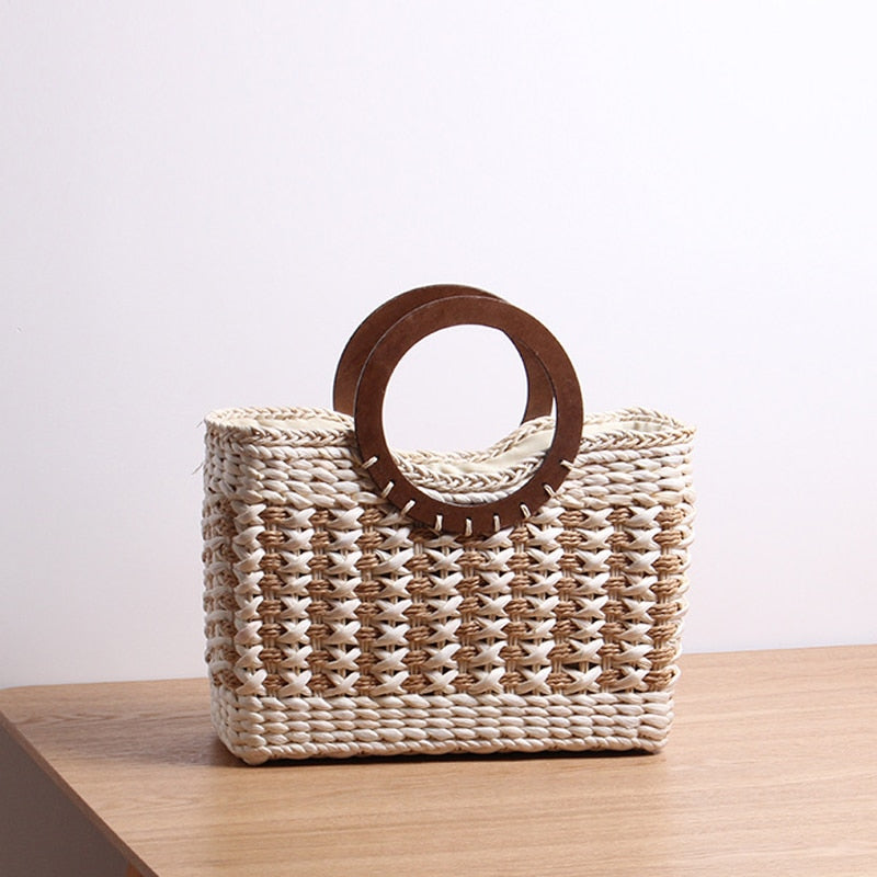 Boho Bag, Woven Straw Basket Bag,  Brown Beige Rattan Bag