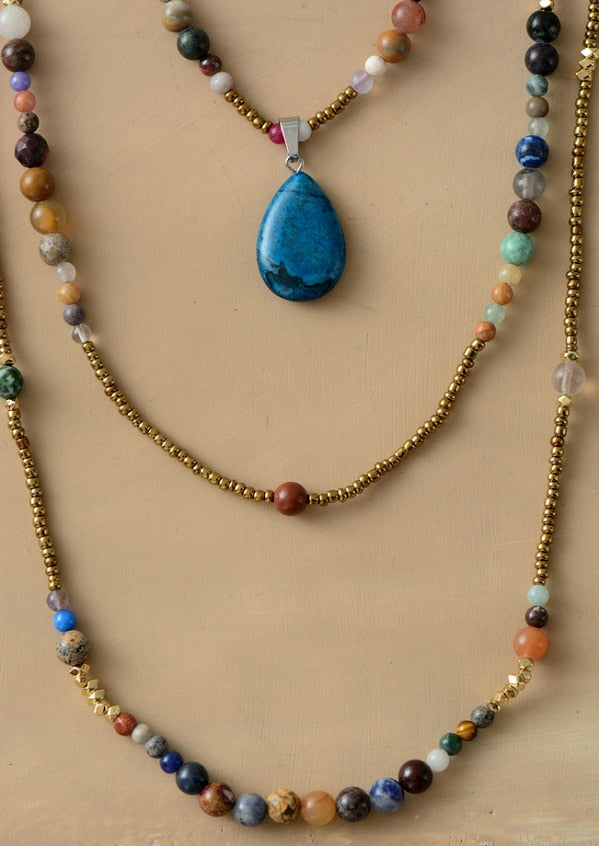 Boho Necklace, 3 Layers, White Natural Stone, Teardop Pendant