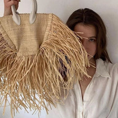 Boho Bag, Woven Raffia Bag, Rattan Bag, White Ivory Adele Tassel