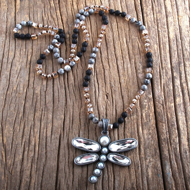 Boho Necklace, RH Crystal Dragonfly Blue Natural Stone