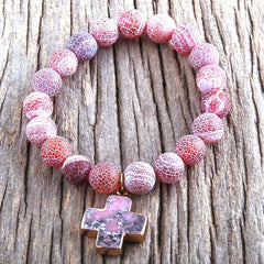 Boho Bracelet, RH Natural Stones Pink Cross