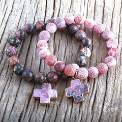 Boho Bracelet, RH Natural Stones Pink Cross