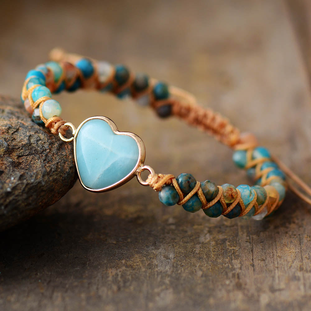 Boho Bracelet, Friendship Bracelet, Macrame Bracelet, Blue Heart Amazonite