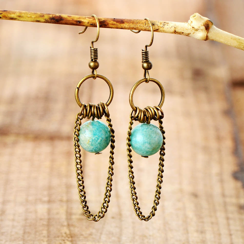 Boho Earrings, Dangle Earrings, Chain Blue Amazonite