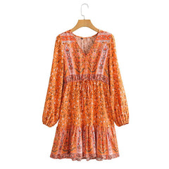 Boho Mini Dress Sundress, Vacation in Orange Saffron