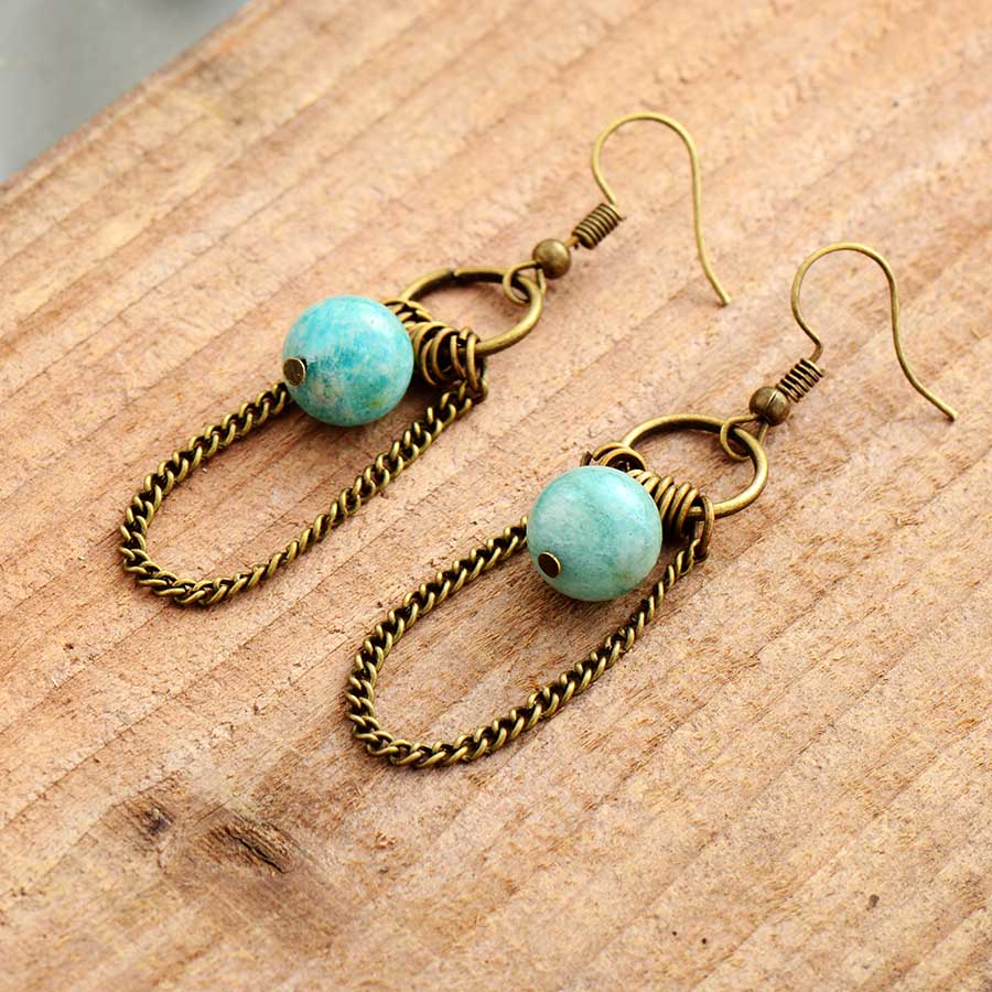 Boho Earrings, Dangle Earrings, Chain Blue Amazonite