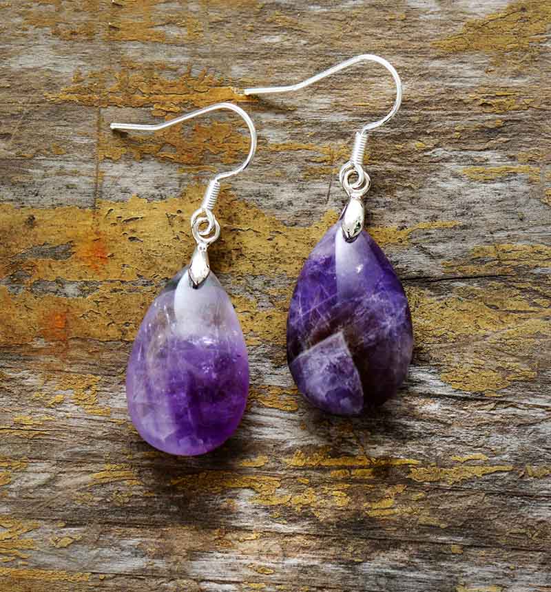 Boho Earrings, Dangle Earrings, Teardrop Purple Amethyst