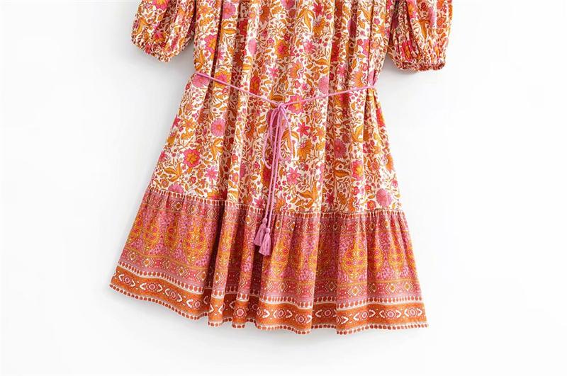 Boho Mini Dress Sundress, Tunic Dress, Indian Flower in Pink and Black