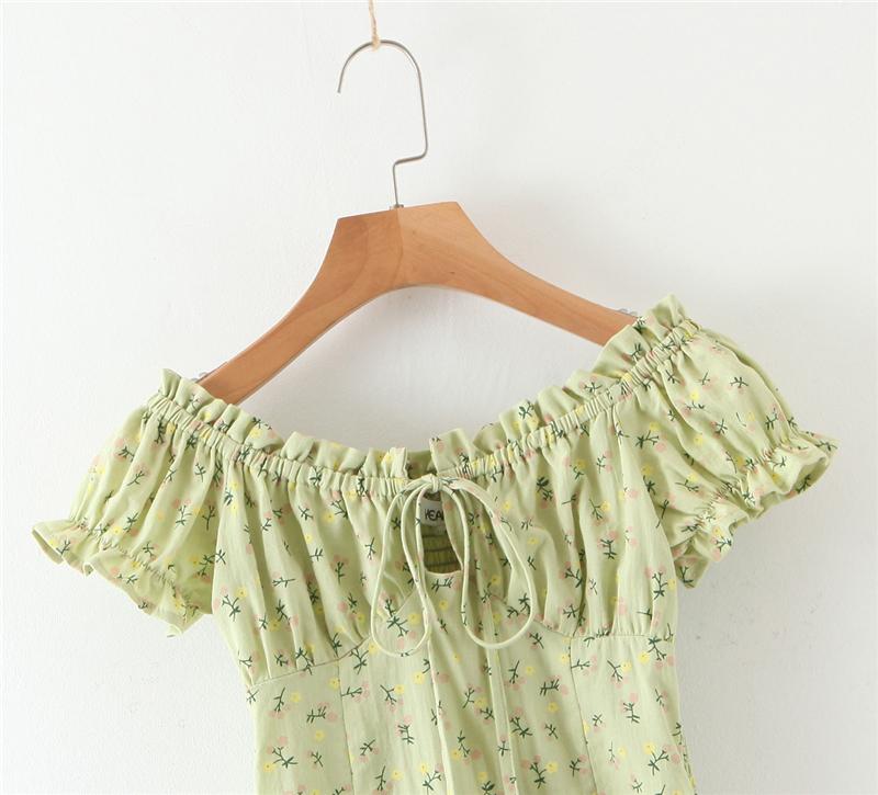 Boho Mini Dress Off  Shoulder Sundress, Pastel Green Flower Child