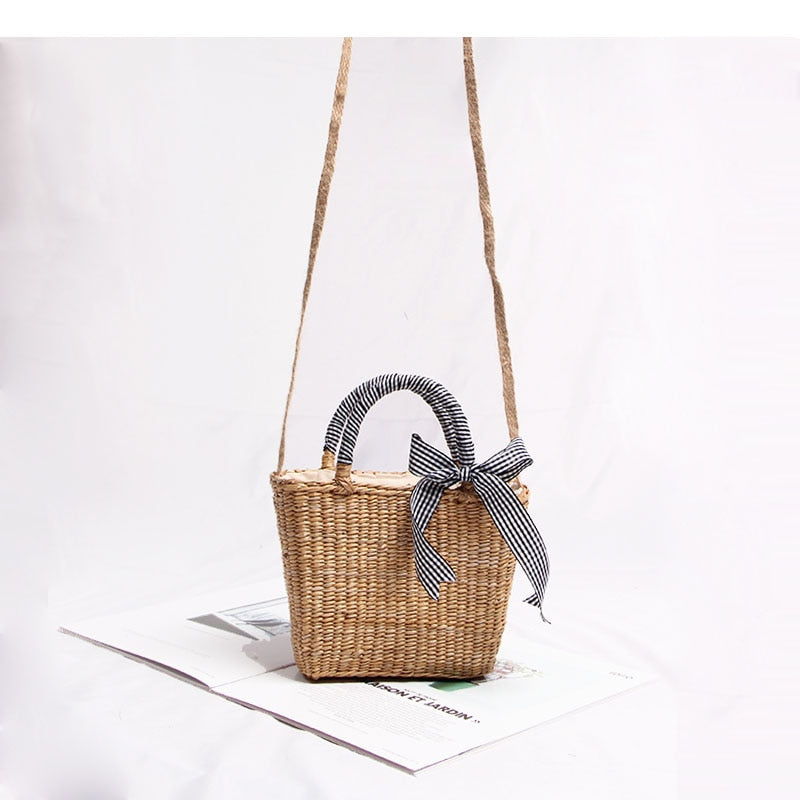 Boho Bag, Woven Straw Basket Bag, Rattan Bag, Blue Plaid Ribbon