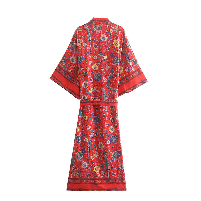 Boho Robe, Kimono Robe,  Beach Cover up, Red Peony Bird