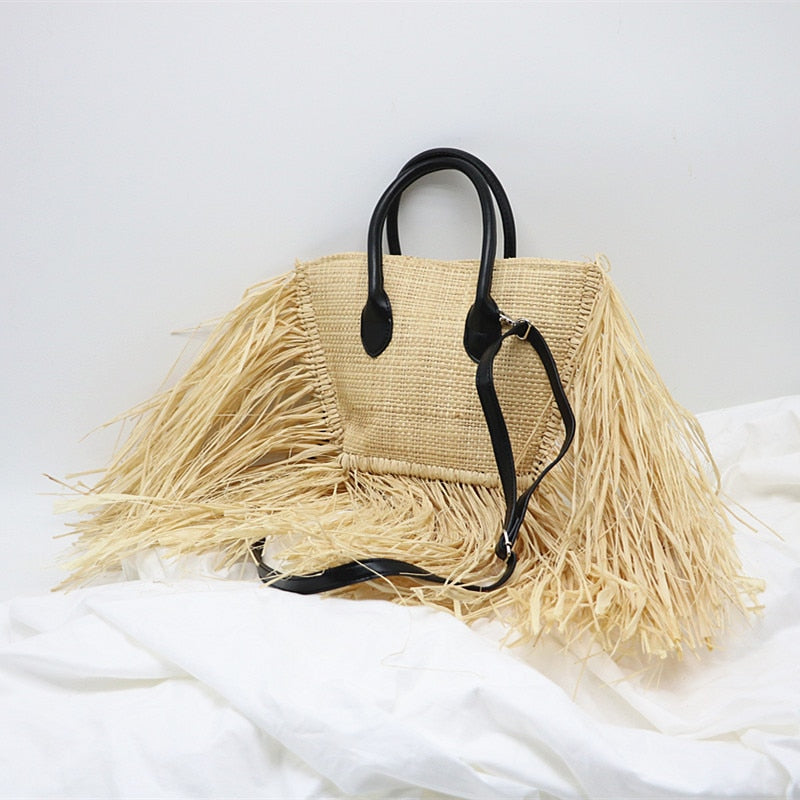 Boho Bag, Woven Raffia Bag, Rattan Bag, White Ivory Adele Tassel