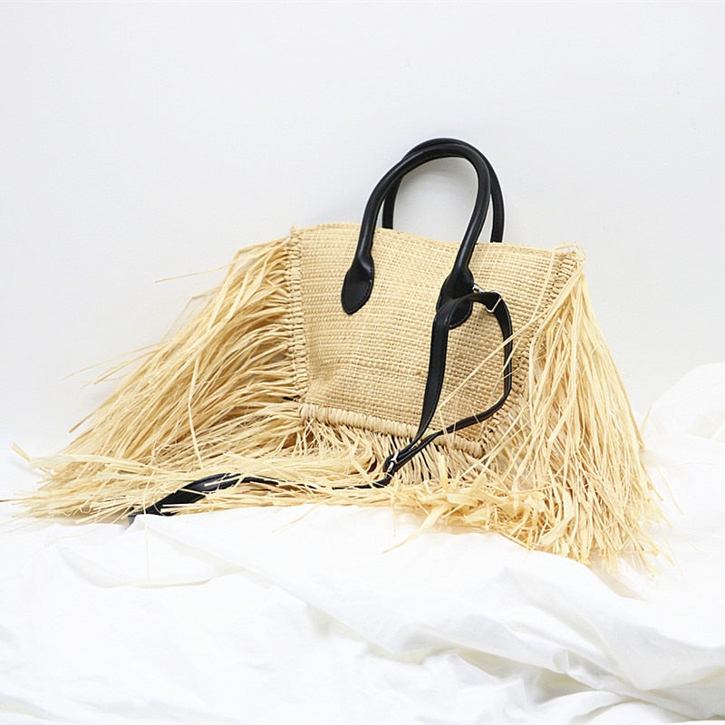 Boho Bag, Woven Raffia Bag, Rattan Bag, White Ivory Adele Tassel