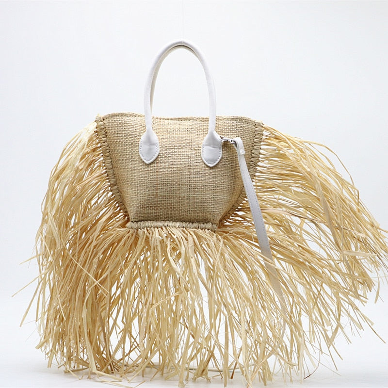 Boho Bag, Woven Raffia Bag, Rattan Bag, White Ivory Adele Tassel