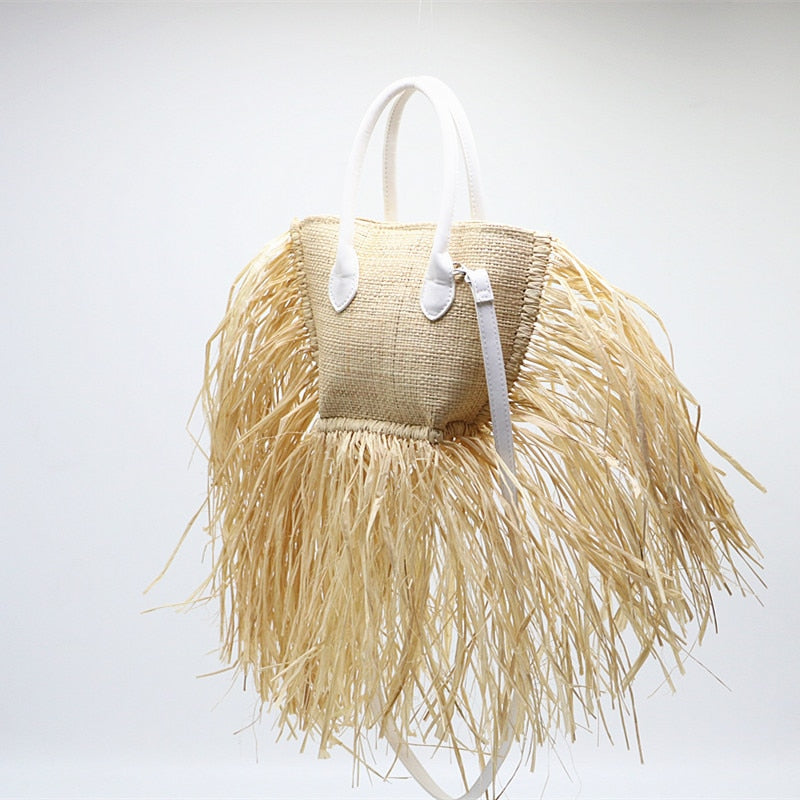 Boho Bag, Woven Raffia Bag, Rattan Bag, White Ivory Adele Tassel