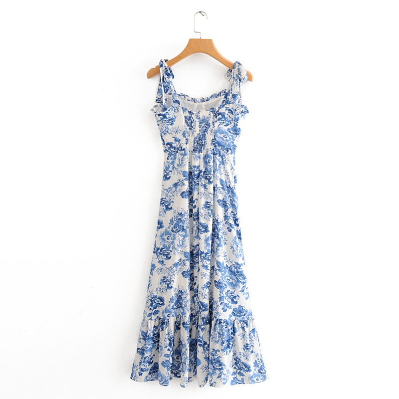 Boho Midi Dress, Strappy Sundress, Blue Rose